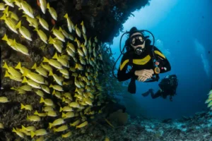 Buceador observando un gran banco de peces durante una inmersión en Tenerife