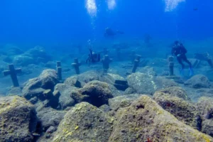 Group of scuba divers at Las Cruces de Malpique dive site in Santa Cruz de La Palma