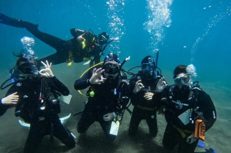 Grupo de buceadores principiantes haciendo un bautismo de buceo con instructor
