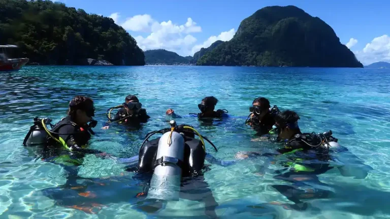 Group of divers listening to a briefing before entering the water during an Open Water Diver course