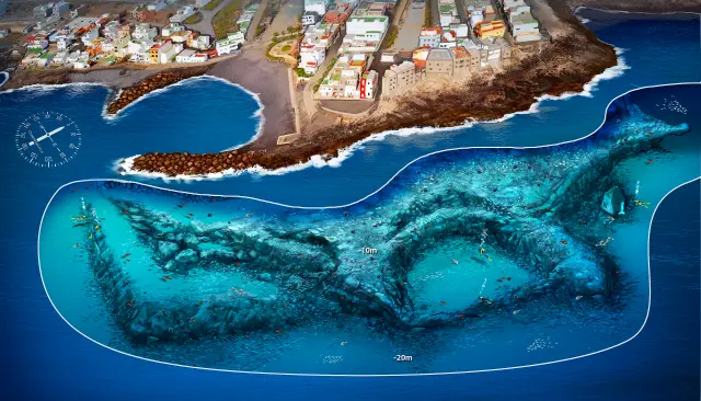 Map showing South Tenerife dive areas suitable for Open Water Diver courses and beginner training