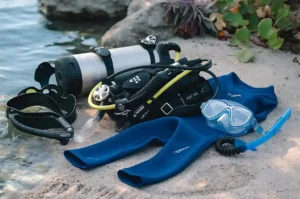 Basic diving equipment prepared before a beginner scuba diving experience
