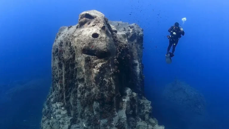 Diver near an underwater rock formation during a dive in La Palma