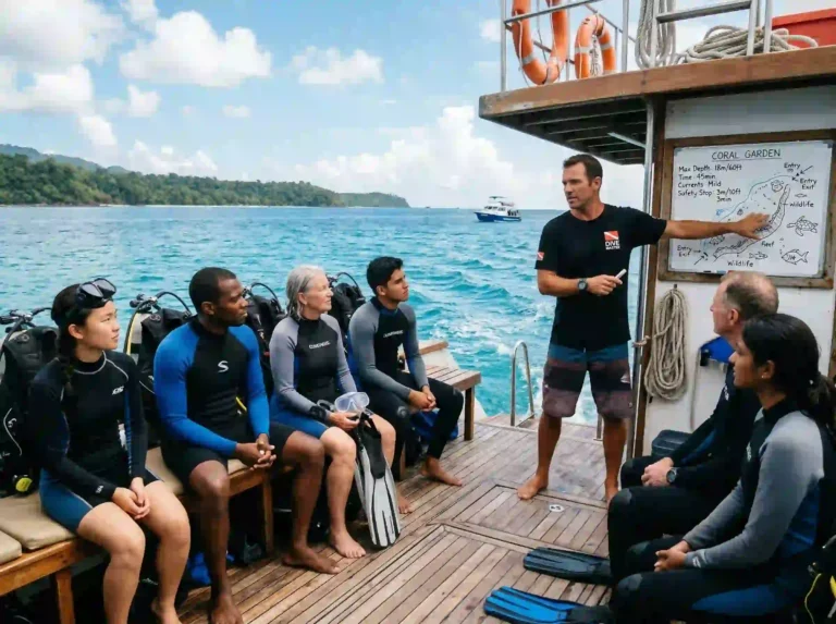 Dive briefing on a small boat before starting a scuba diving experience