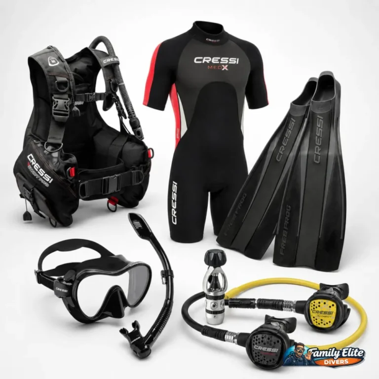 Diver shown from the front and side wearing full scuba diving equipment