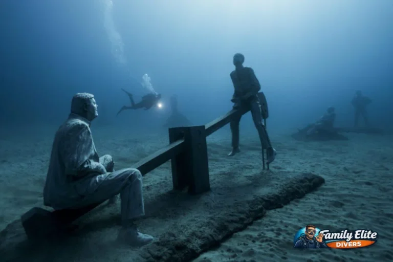 Diver observing an underwater sculpture of two people in a playground scene at the Atlantic Museum in Lanzarote