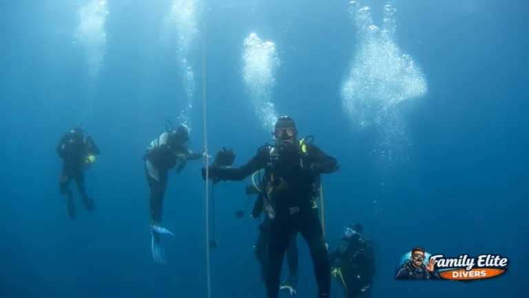 Divers holding a safety stop before surfacing at the end of a scuba dive