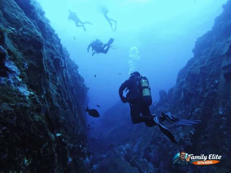 Divers scuba diving in a volcanic underwater area in La Palma