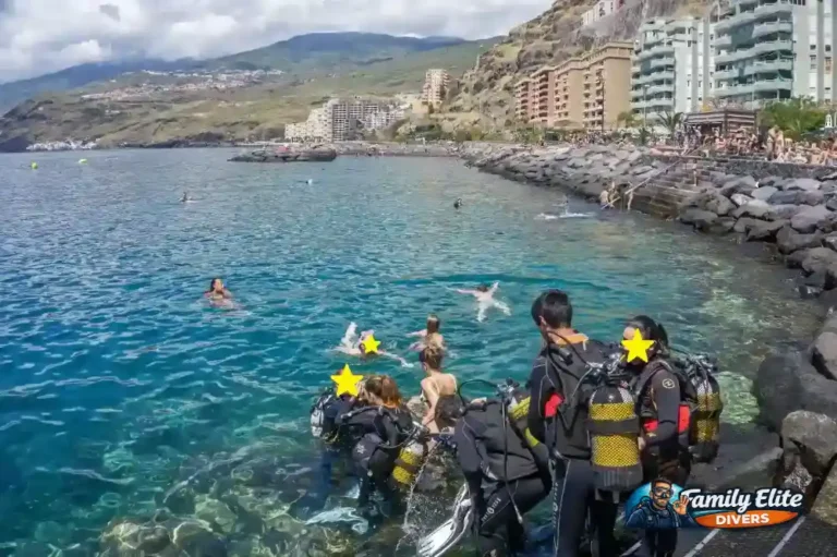 Grupo de buceadores a punto de hacer una inmersión desde orilla en Canarias