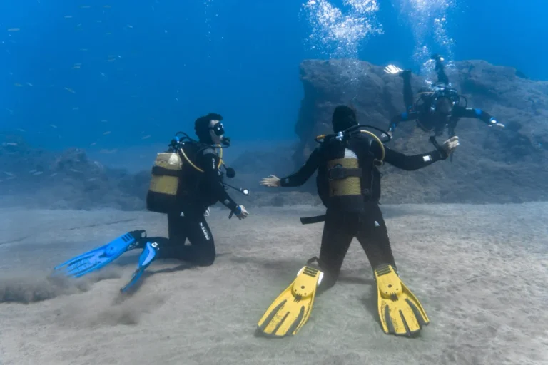 Instructor giving instructions to several divers before a scuba dive in La Palma