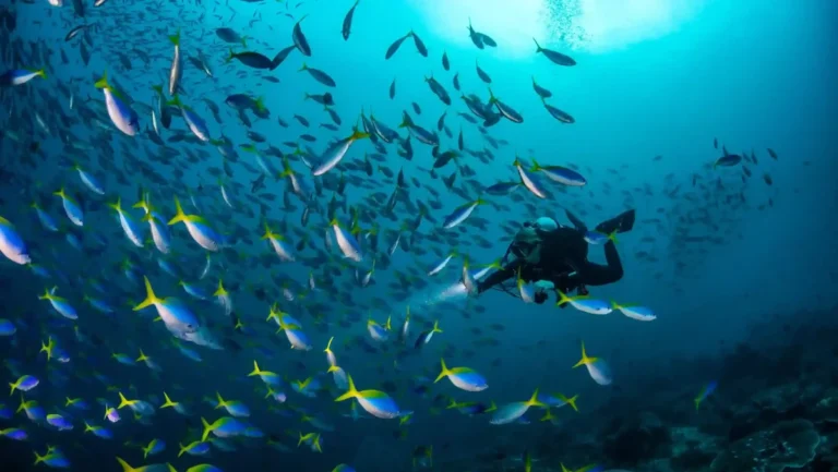 Diver next to a school of fish during a first scuba diving experience